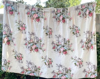 Pair of 40s Vintage Barkcloth Pleated and Lined Drapery Panels French Floral