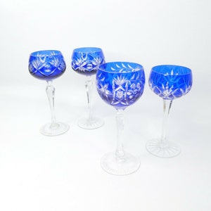 Bohemian Glass Cobalt Blue Cut to Clear Cordial Goblets Crystal Stemware 4 Pc Set