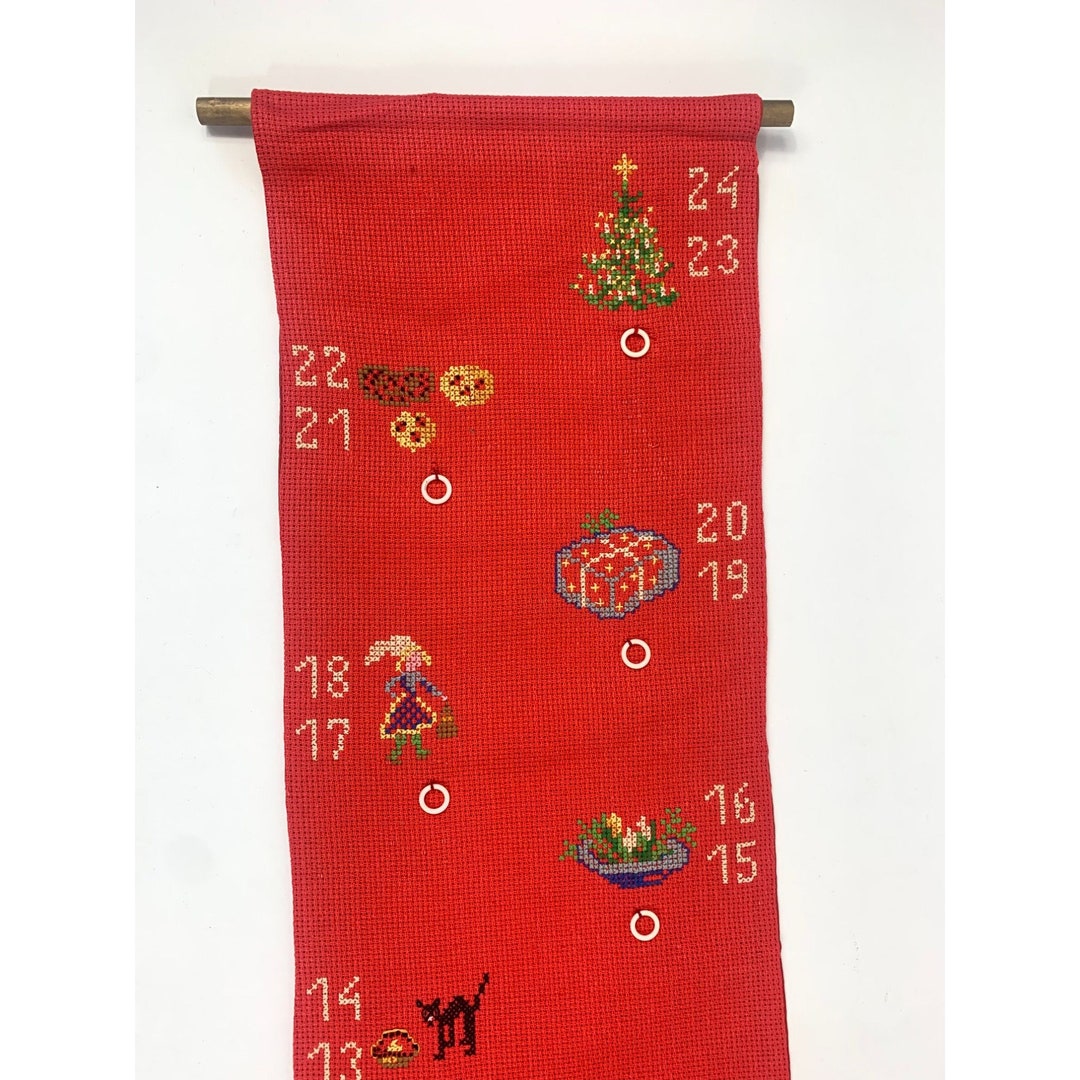 Handmade Swedish Advent Calendar Cross Stitch Christmas Holiday Banner