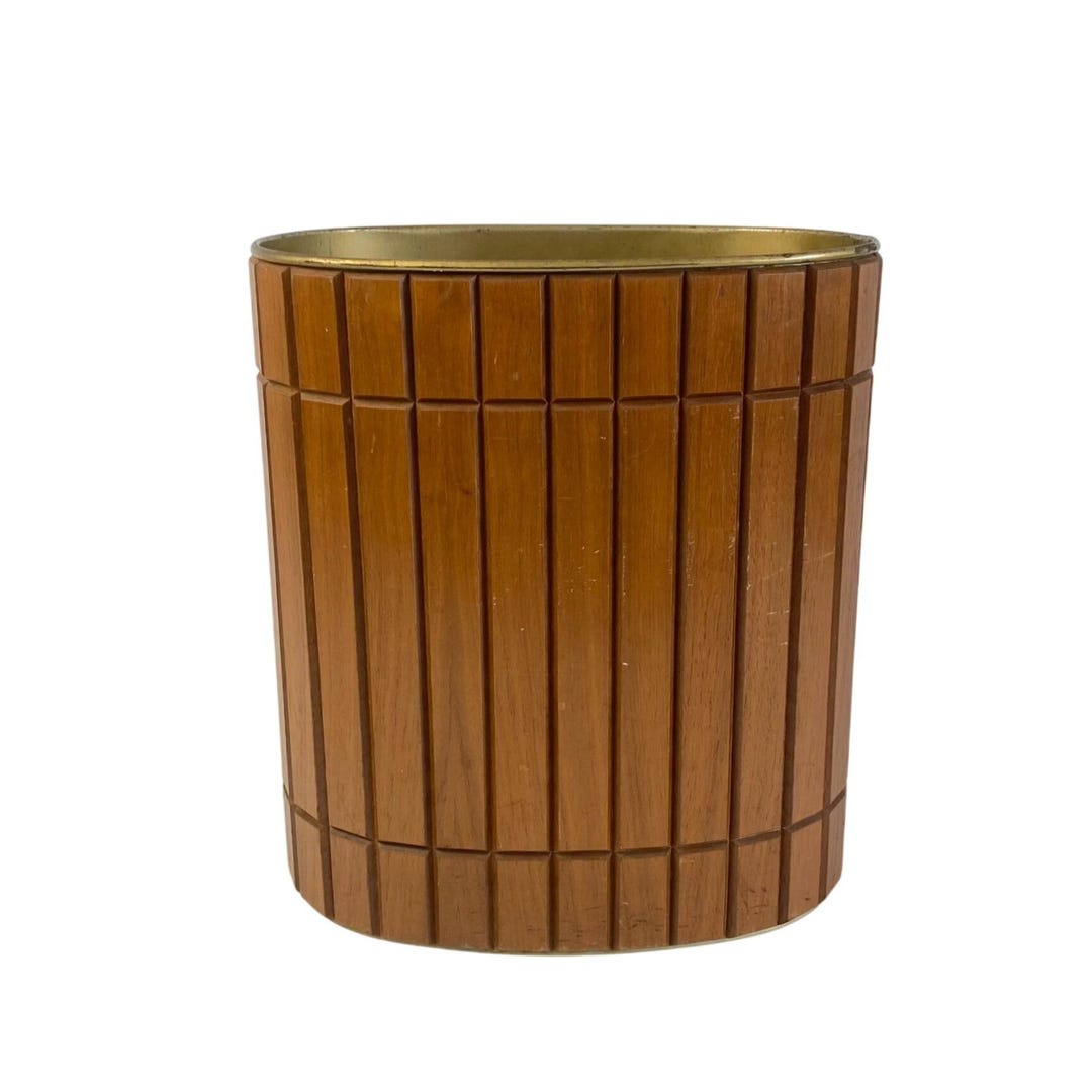 MCM Gruvwood Walnut Slat Trash Can Aluminum Liner Waste Basket Office ...