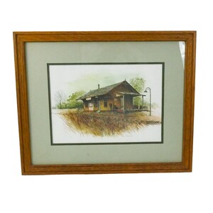 Rural Train Station Lithograph Signed Rudy Nappi 22x18 Oak Frame Country Art