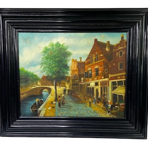 Dutch Town Street Original Oil Painting Signed 28x24 Netherlands Holland