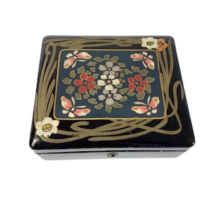 Antique Art Nouveau Black Lacquer Box Japan Flowers Butterflies Trinket Jewelry