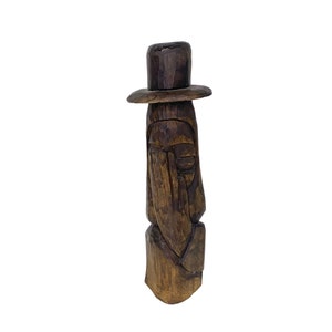 Hand Carved Folk Art Bust: Man with Hat Sculpture (13 in)