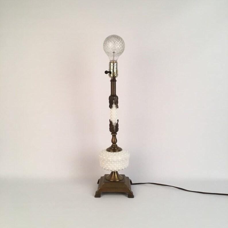 Tall Hobnail Milk Glass And Brass Table Lamp