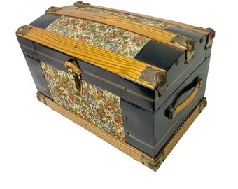 Small Dome Top Humpback Storage Trunk Wood Slats Tapestry Brass