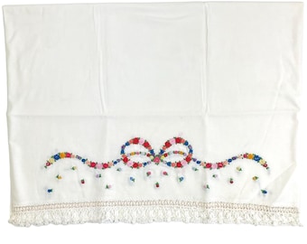 Single Red Floral Embroidered Crocheted Lace Vintage Bed Pillowcase