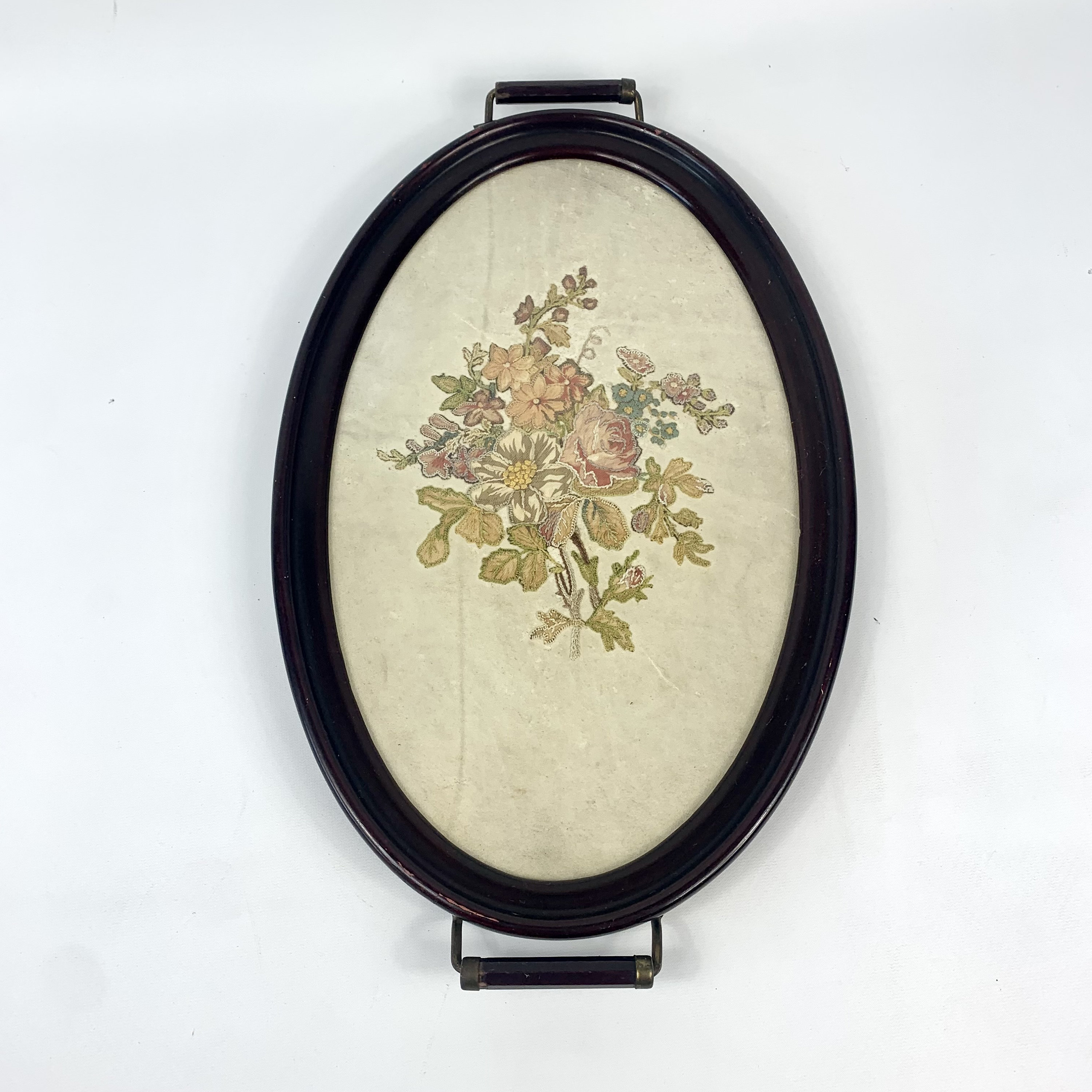 Wood and brass serving tray with needlework under glass Etsy