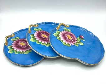 Water Lily Handpainted Vintage Luncheon Plates Floral Kidney Shape Serrena China