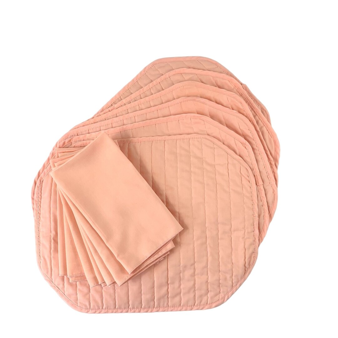 Quilted Peach Placemats and Cloth Napkins 6 Sets Solid Color 80s