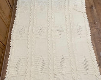 Creamy White Cable Knit Diamond Afghan Throw Handmade Blanket