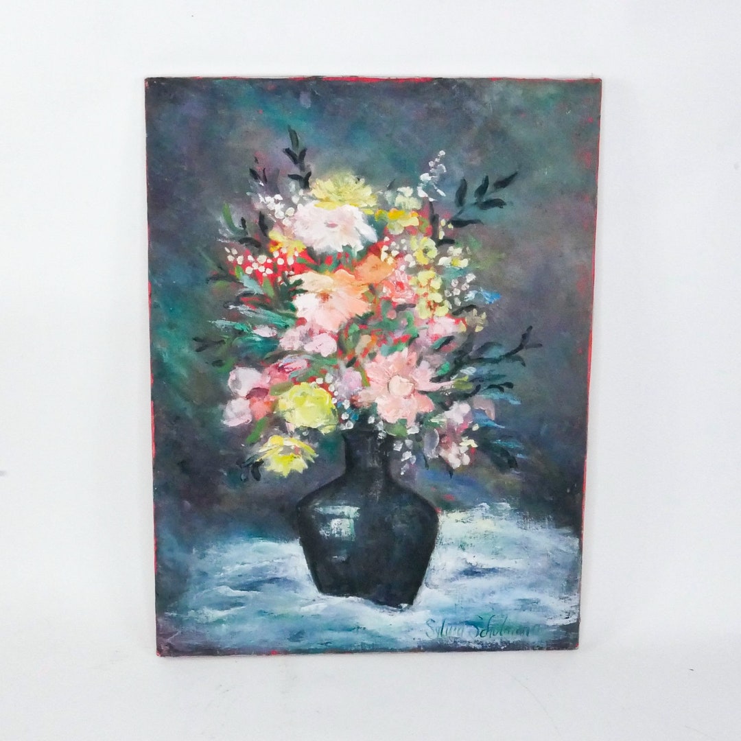 Large Signed Original Oil Painting on Canvas 18x24 Flowers in a Black ...
