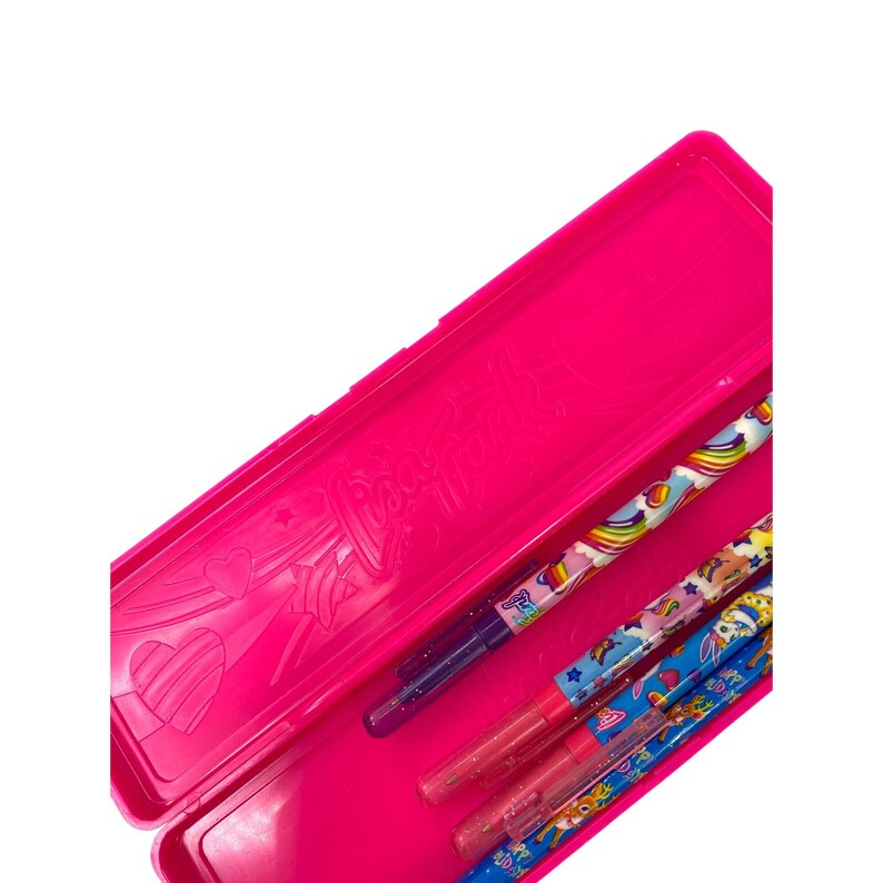 May include: A bright pink pencil case with a decorative design, open to reveal several colorful pencils. The pencils feature various patterns, including rainbows and stars. The case is rectangular and has a hinged lid.