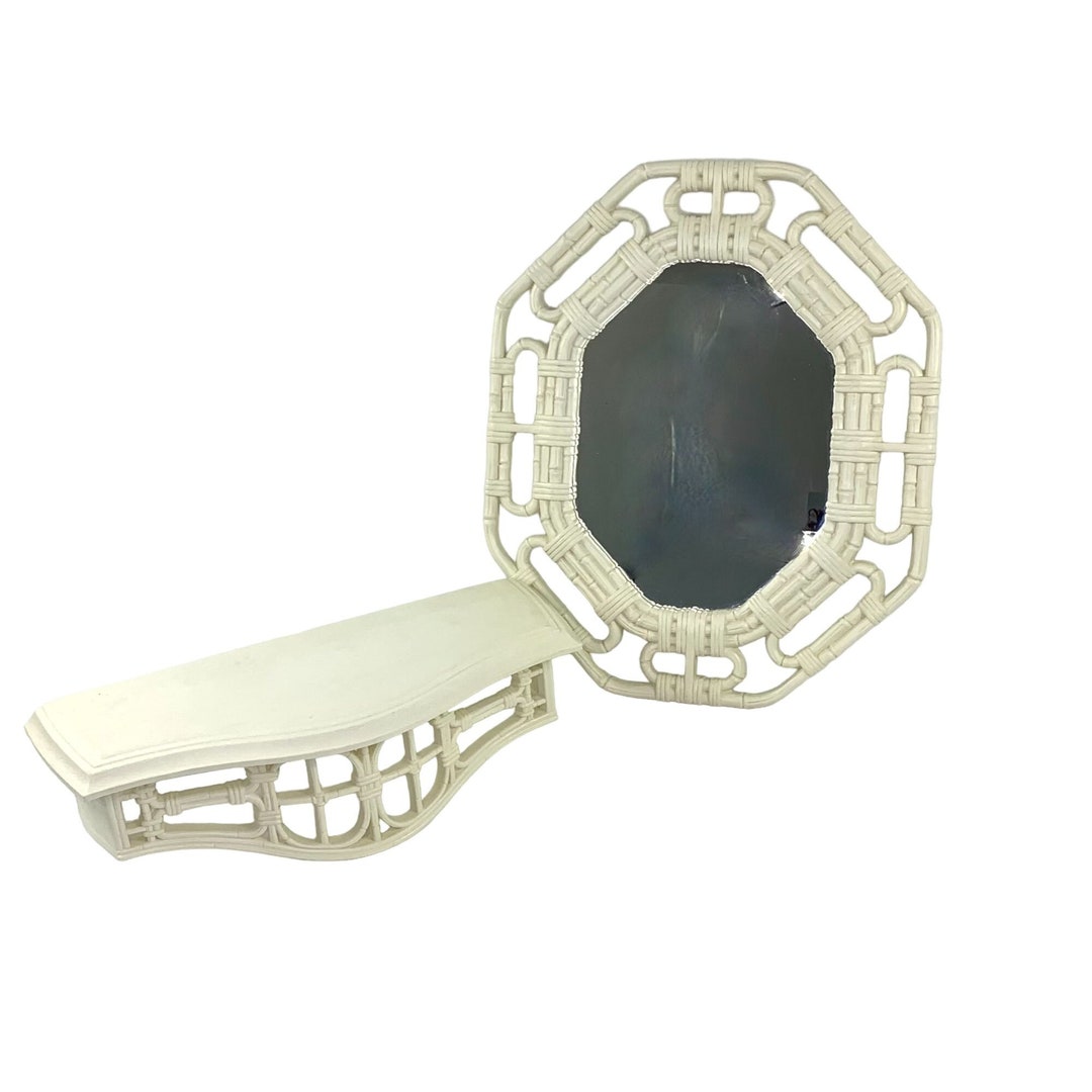 Homco Faux Wicker Octagon Wall Mirror Bathroom Shelf Plastic Fake