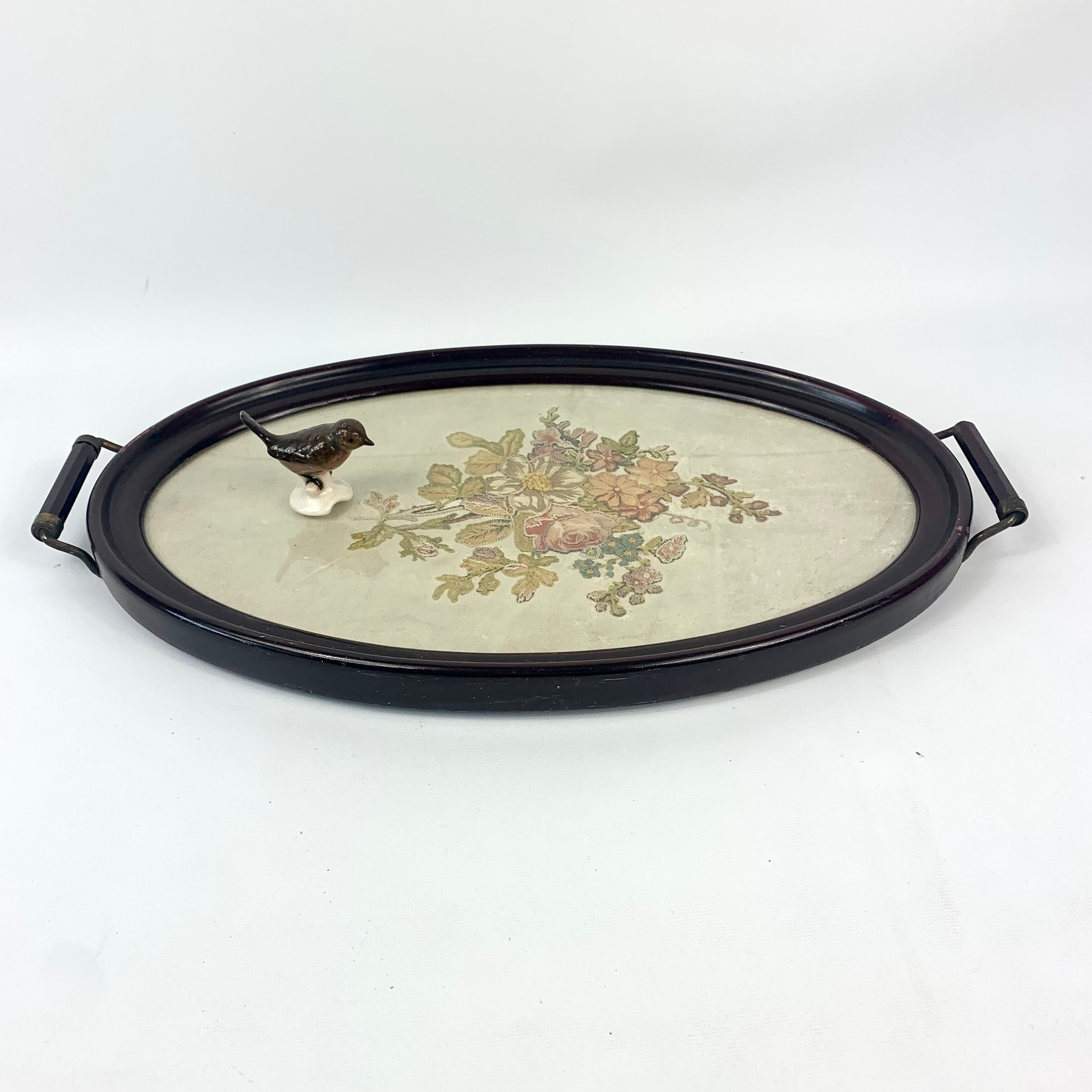Wood and brass serving tray with needlework under glass Etsy