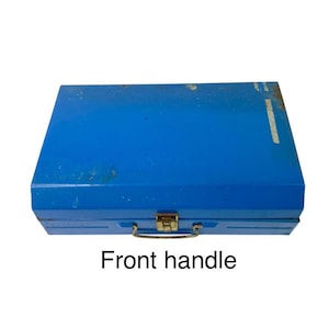 Shabby Industrial Blue Metal Tool Box with Handle Vintage Stash Storage