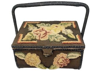 Hooked Rug Flowers Sewing Basket Silk Lined Box 30s Vtg Granny Cottage Core