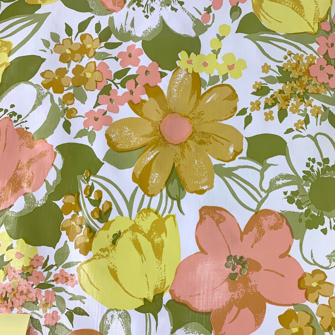 Vintage Vinyl Wallpaper Partial Roll Mod Floral Print 8.5 Feet Etsy