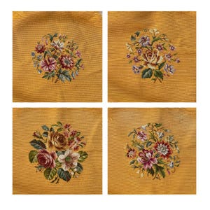 Four Wool Needlepoint Chair Seat Cushion Covers Vintage Golden Yellow Floral