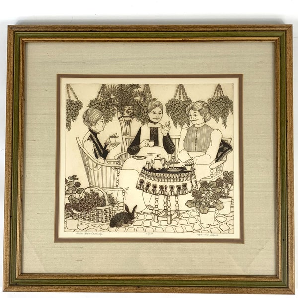 S/N Art Print Etching Yvonne Davis Faith Hope Charity Tea Time Plants Sepia Granny Core