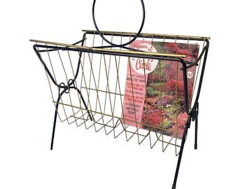 MCM zwart-gouden metalen tijdschrift LP opbergstandaard jaren 50 vintage