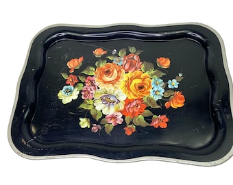 Shabby Roses Black Tin Decorative Serving Tray Vintage Lithograph Metal