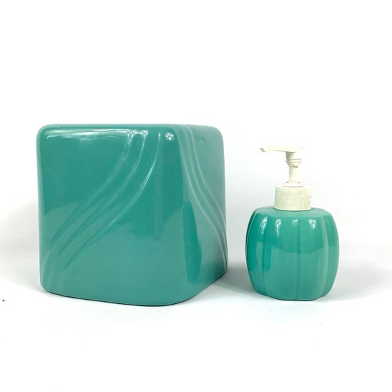 Turquoise ceramic tissue box cover and soap dispenser 80s Etsy