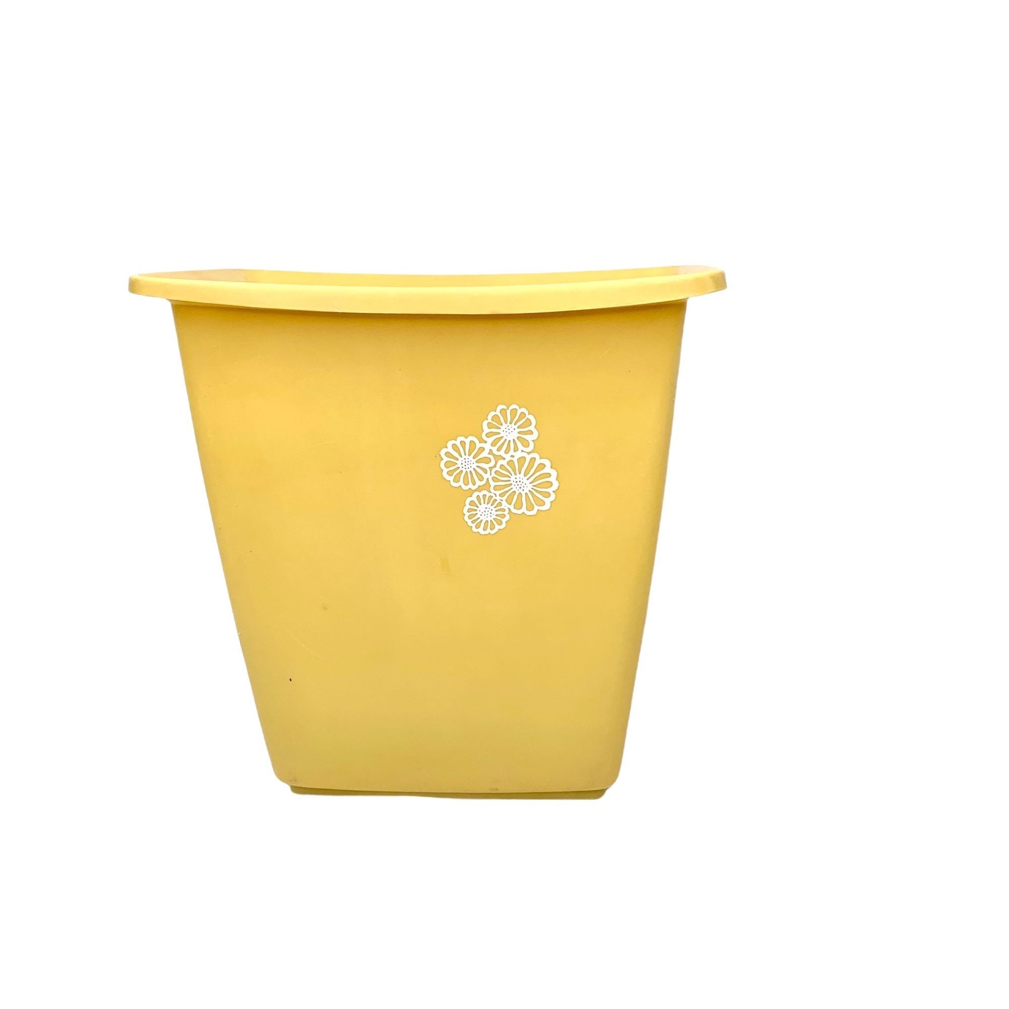 Vintage Rubbermaid Plastic Trash Can Yellow With White Flowers 