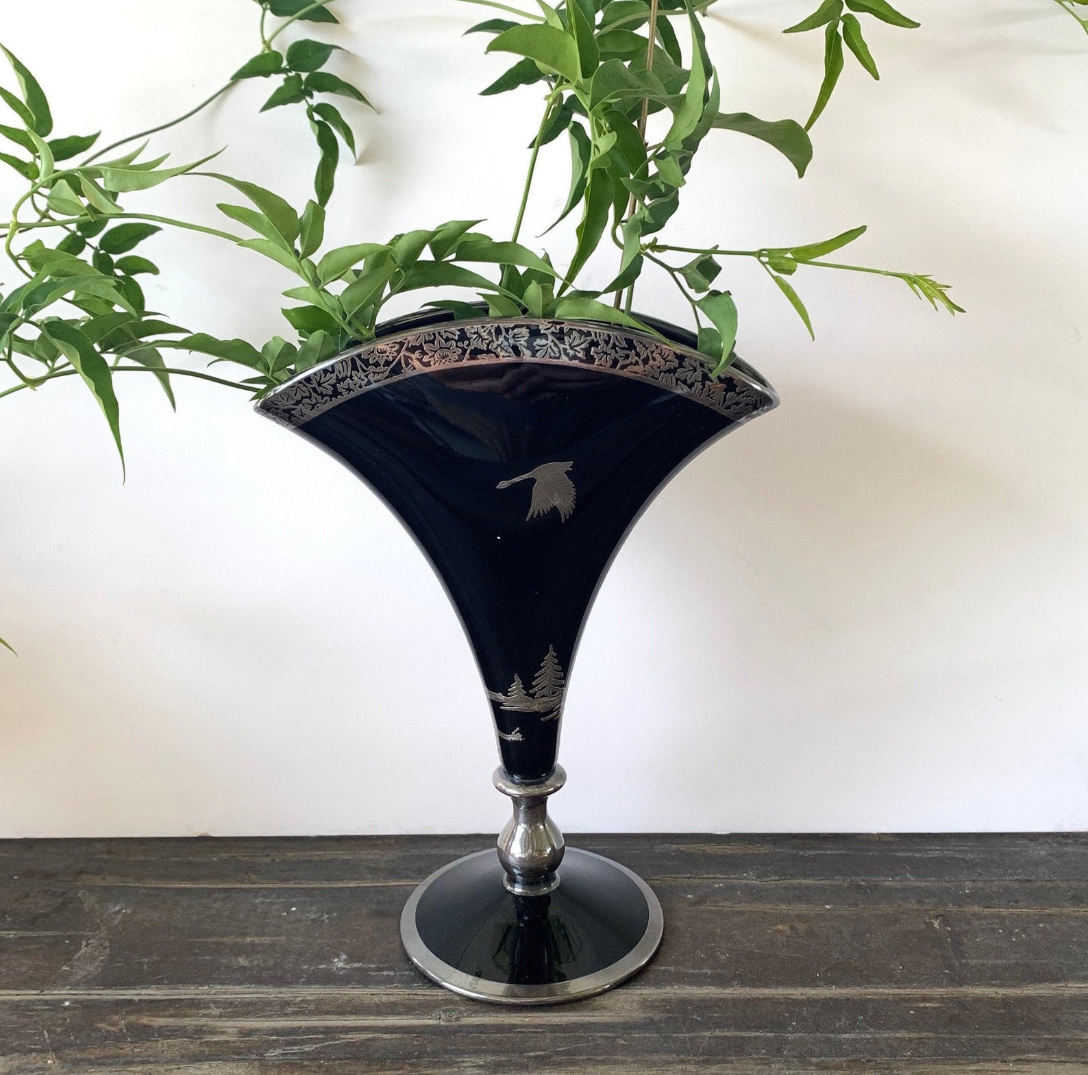 Rare Fostoria black glass fan vase w Canada Goose silver Etsy