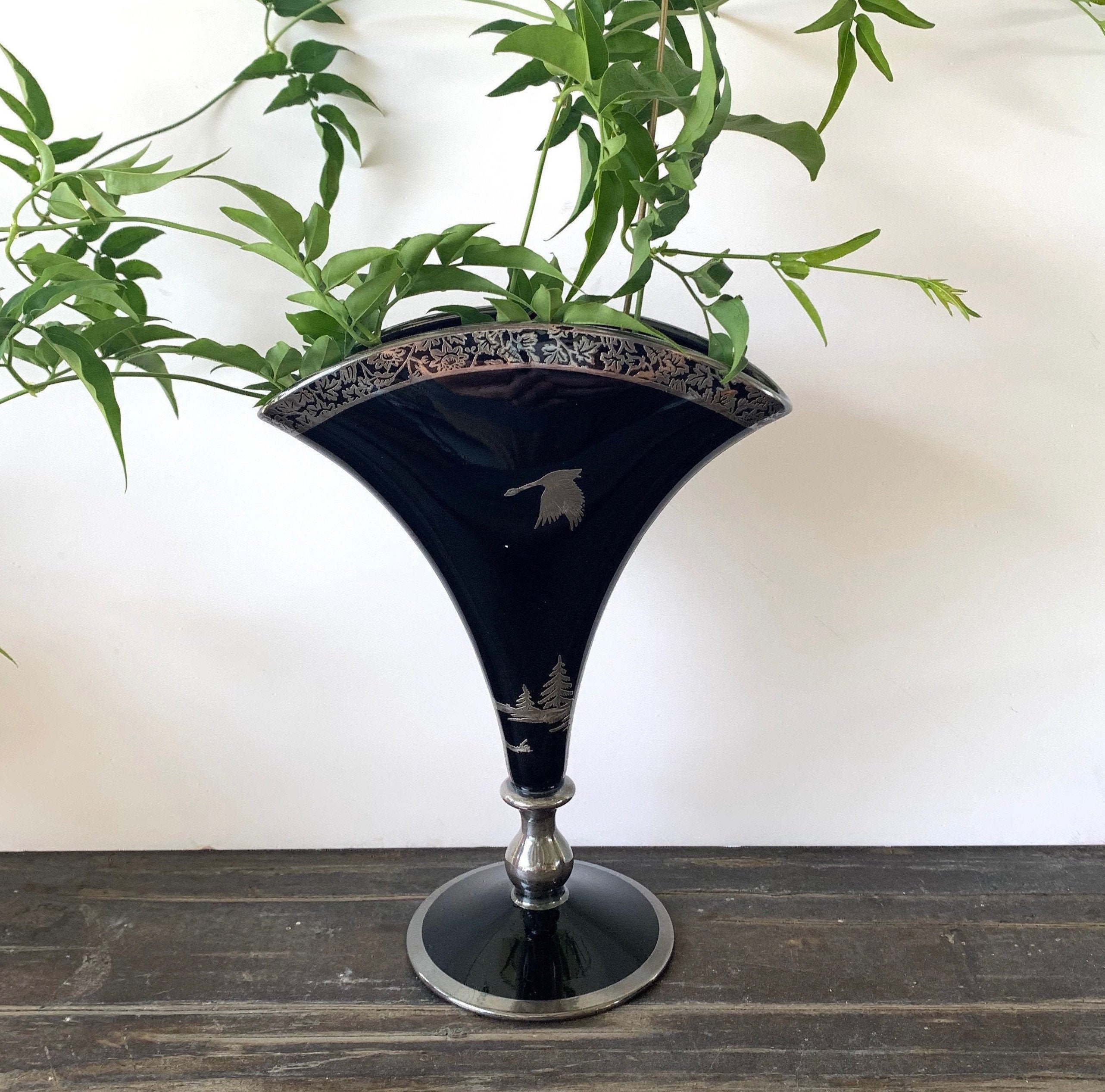 Rare Fostoria black glass fan vase w Canada Goose silver Etsy