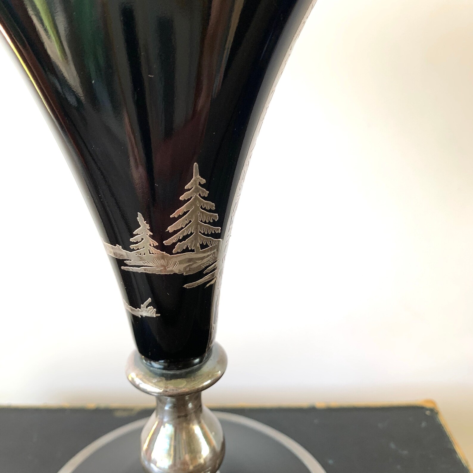 Rare Fostoria black glass fan vase w Canada Goose silver Etsy