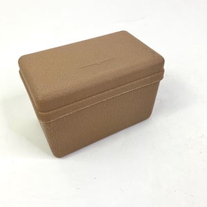 light brown plastic index card box office recipe storage 60s vintage Lit-Ning