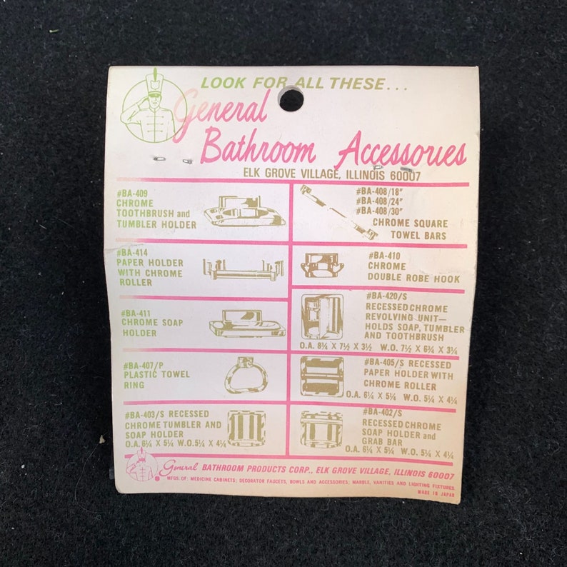 May include: A vintage product card for General Bathroom Accessories, featuring illustrations of chrome towel bars, soap holders, and other bathroom fixtures. The card includes measurements in inches and the company's Elk Grove Village, Illinois address.