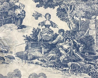 May include: A fabric featuring a blue and white toile de jouy pattern depicting pastoral scenes with figures in period clothing, trees, and a river. The detailed print shows people fishing and walking in a landscape, rendered in a monochromatic ink style.