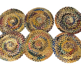 Antique Round Braided Rag Rug Seat Cover Placemat Cottage Core Farmhouse Country