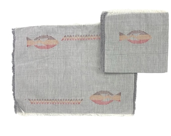 Scandinavian Embroidered Fish Gray Linen placemats w Napkins Midcentury Vtg