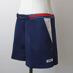 Vintage 70&#39;s &#39;Simac&#39; navy blue tennis shorts. Vintage sports blue shorts. Vintage booty short shorts. Size UK 12.