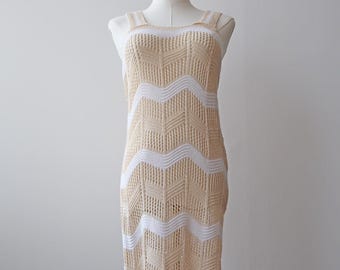 Vintage 70s Knit Dress: Beige & White Wavy Stripe, UK Size 10