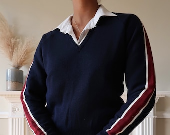 Vintage 'St Michael' V Neck stripe arm knit jumper UK 12. Vintage navy blue V neck jumper. Vintage 80's V neck jumper in blue.