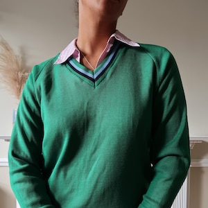 Vintage &#39;Charles Kirk&#39; Green Knit Jumper - Striped V Neck UK 14