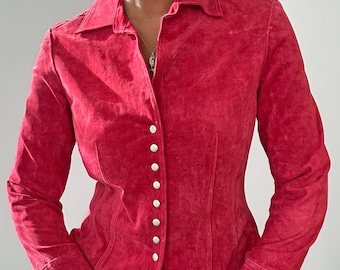 Vintage 1990s red suede jacket. Minimal real suede popper close jacket with collar. UK Size 14.