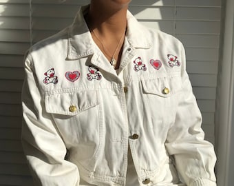 Vintage off white denim jacket, Vintage 90's novelty denim jacket, Teddy bear and heart appliqué denim jacket.