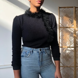 Vintage Black Jumper with Feather Trim - UK Size 8