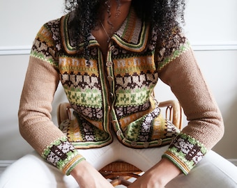 トップス 80s Wrangler \"Popcorn Pattern\" Cardigan Vintage Popcorn Cardigan 3D 80s XL, Gold Floral Embroidery