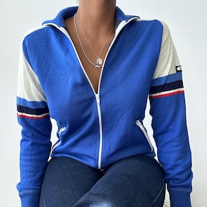 Vintage 70s Knit Zip Up Cardigan: Blue Retro Stripe, UK Size 12