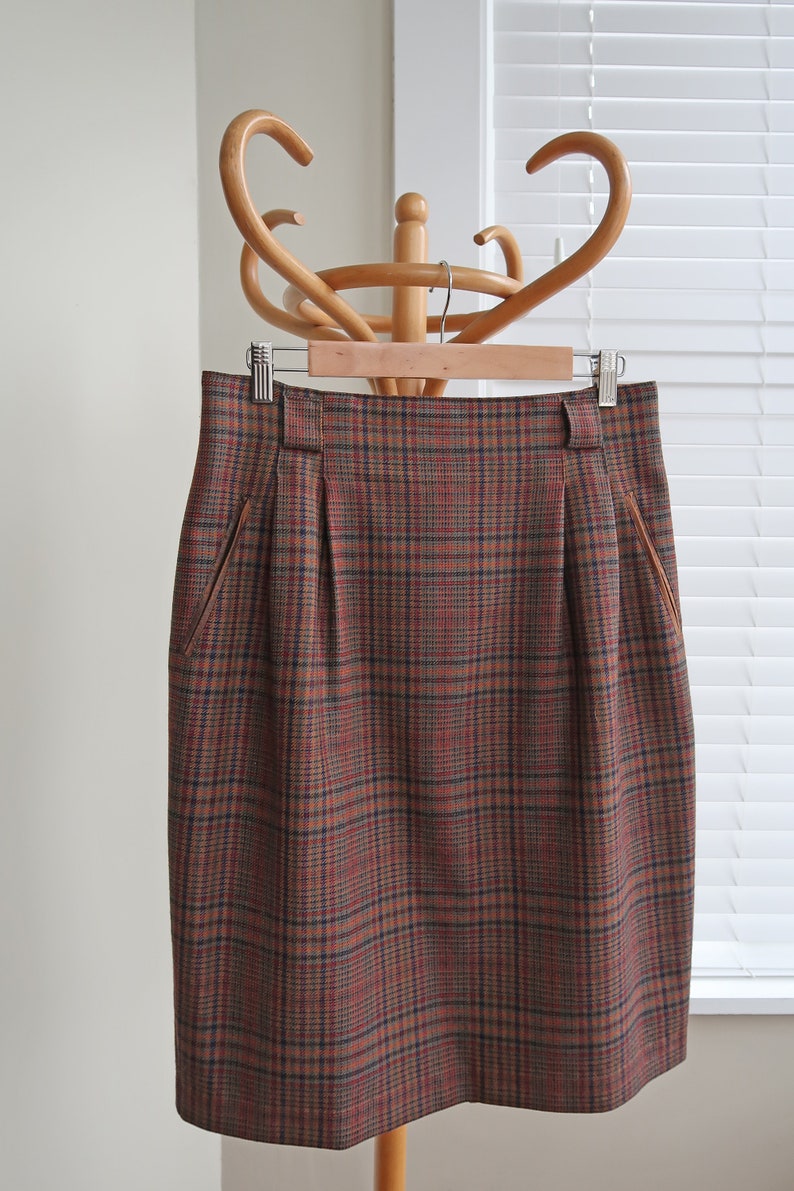 Vintage brown check wool skirt UK 12-14. Vintage 80s St.Michael checked wool skirt. Vintage pencil skirt in check. image 5