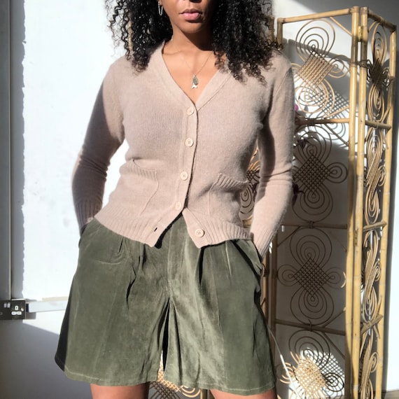 Khaki green suede shorts. High waisted suede short