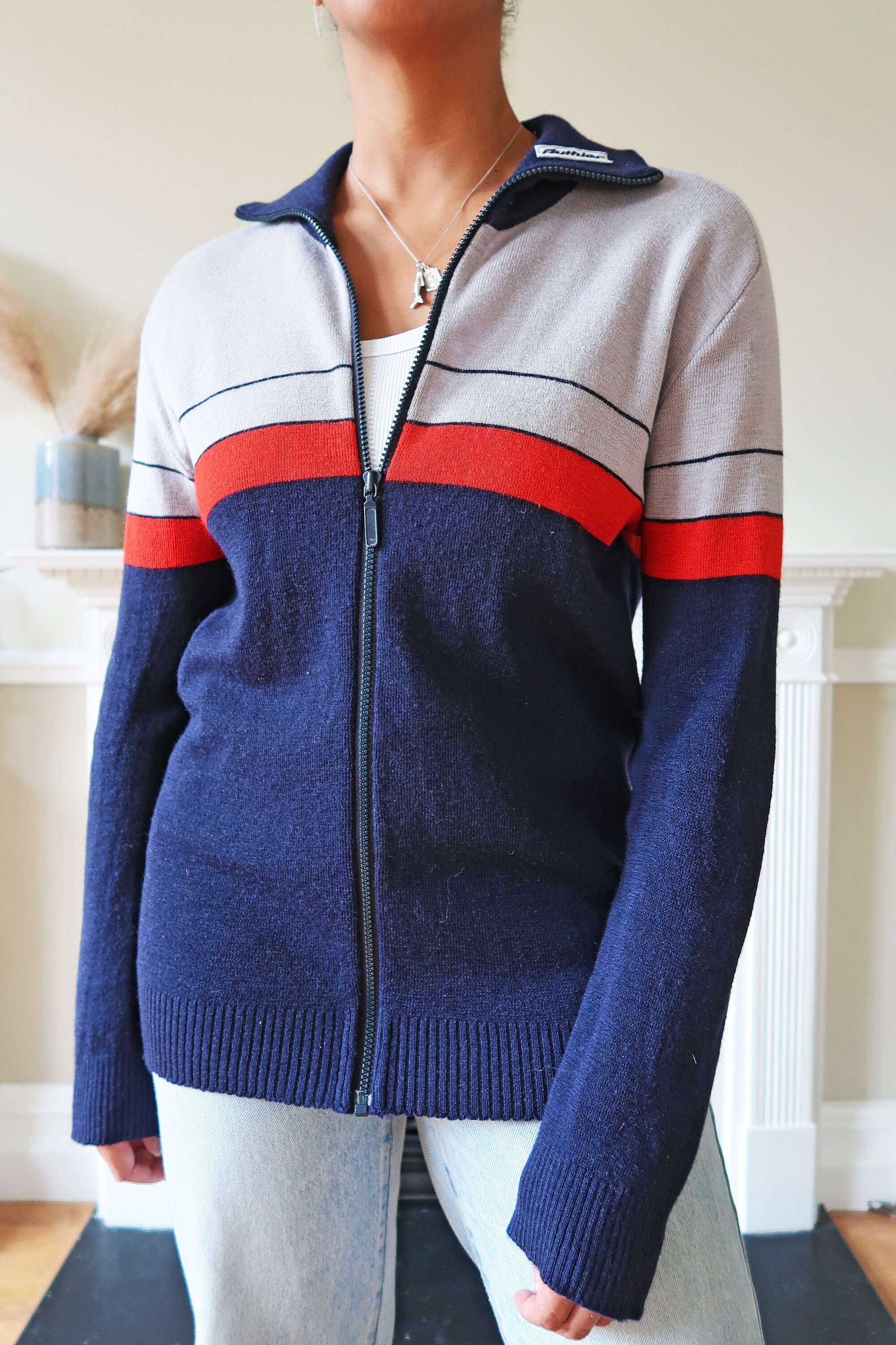 カーディガン VINTAGE - 1970's Stripe Zip Up Knit Blouson Vintage 70s Wool Knit Zip up Cardigan in Navy. Vintage