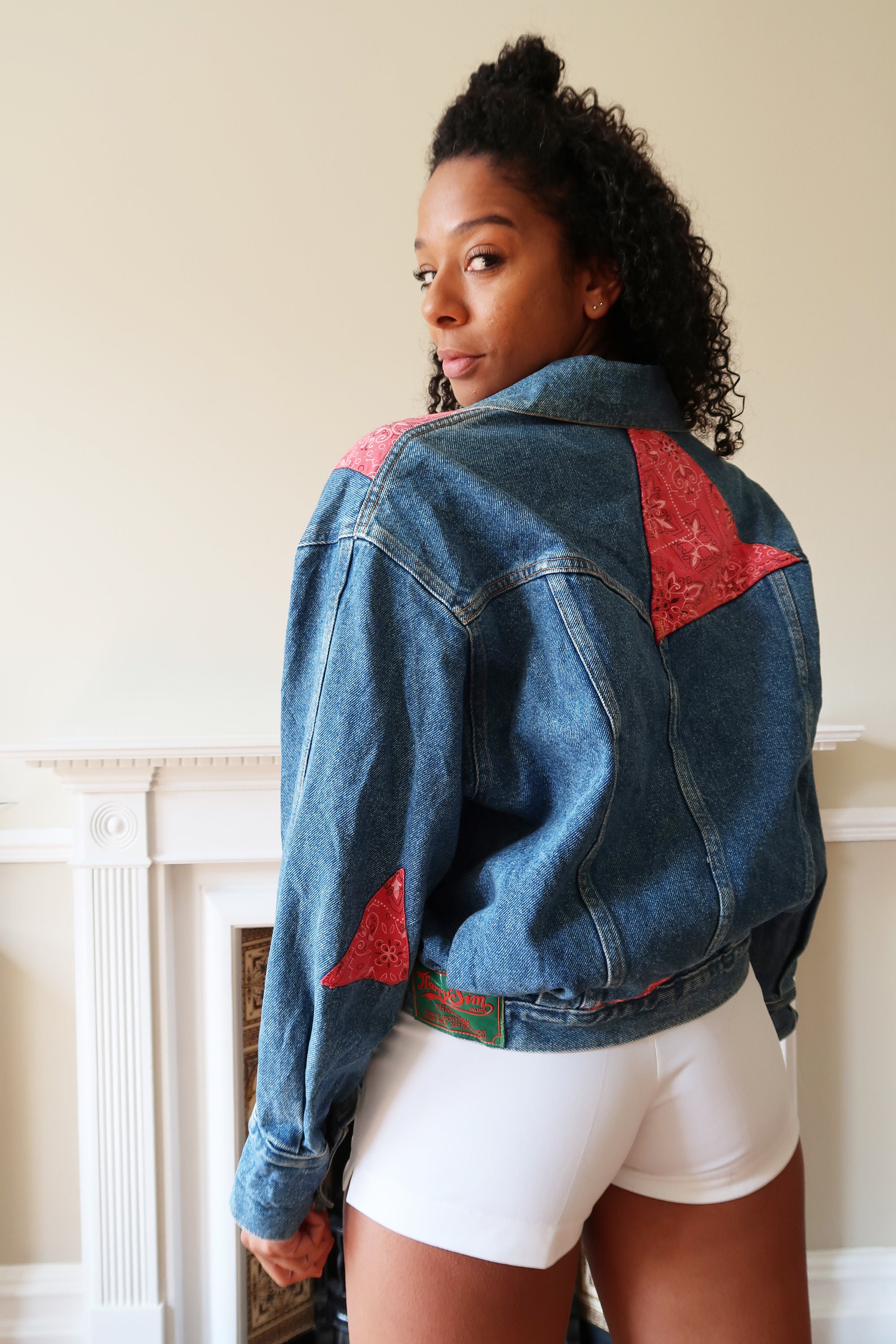 80's Vintage Denim Jacket With Patched Bandana Print 80's Vintage Denim Jacket With Patched Bandana Print