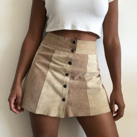 Vintage suede patchwork skirt, Suede beige skirt,